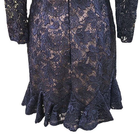 Monique Lhuillier Navy Blue Lace Crochet Overlay Peplum Hem Mini Dress - 6 - Picture 10 of 15
